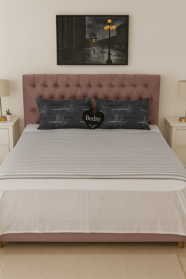 Luxury Grey & White Stripe Cotton Satin Duvet Cover Set – 300TC King Size with 2 Pillow Casings | Bedsy Pakistan