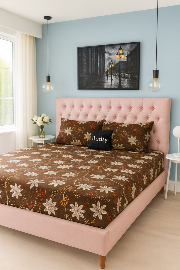 Bedsy CocoaBlossom Double Bedsheet, 100% premium cotton, floral-inspired design, soft breathable fabric, durable & hotel-quality bedding in Pakistan.