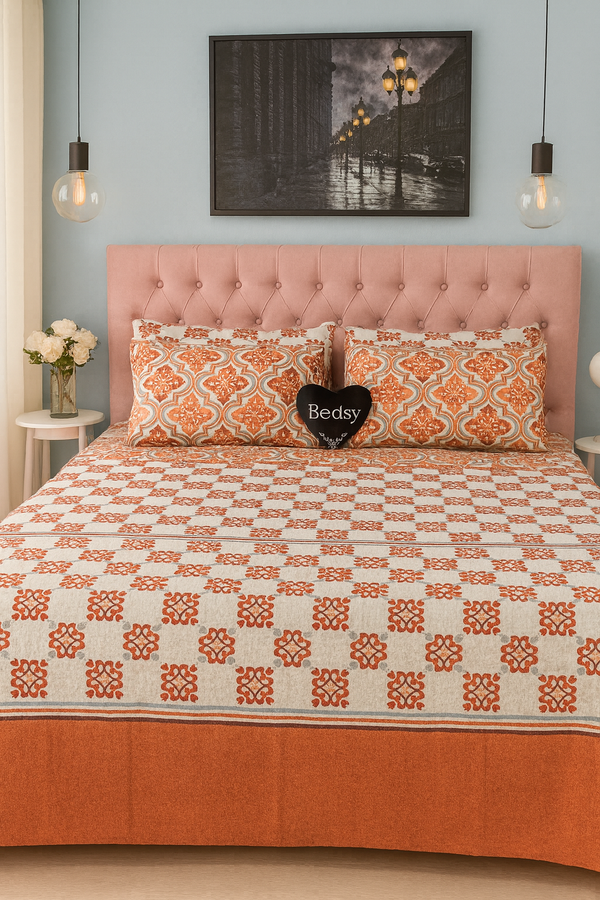 Bedsy PersianBloom 8‑Piece luxury bedding set in cotton blend, including king size bedsheet, pleated duvet cover, quilt pillowcases, plain pillowcases and cushion covers.