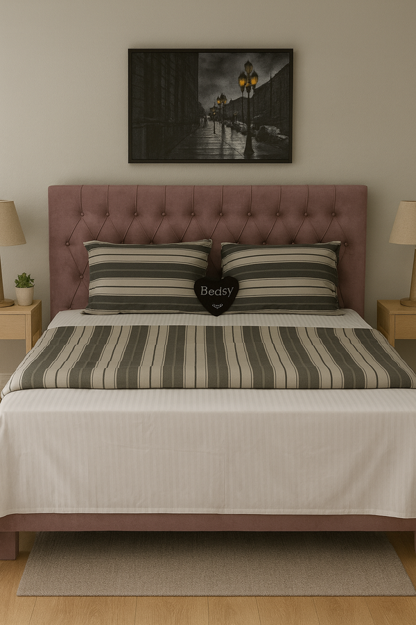 Luxurious brown bedding detail showing fabric quality and stitching in 300TC cotton