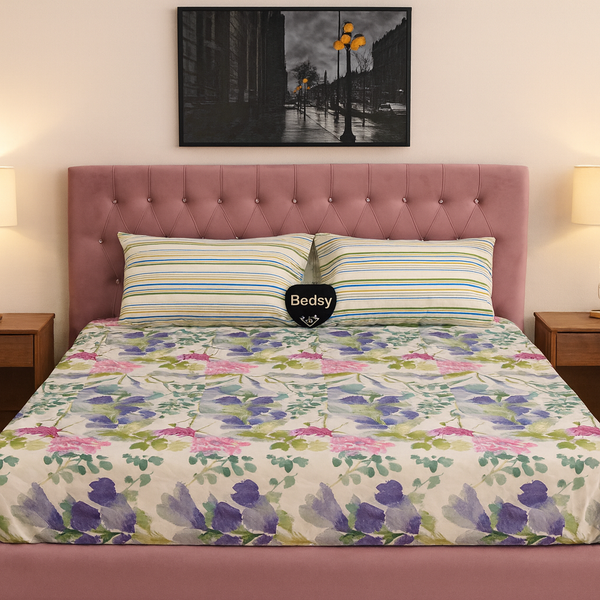 Export Quality Double Fitted Bed Sheet (72x78) with 2 Pillow Casings – Premium Floral Design